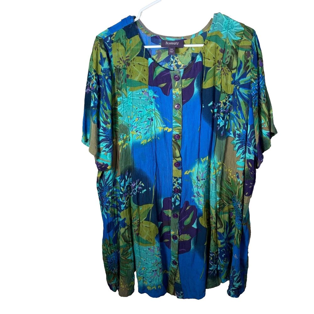 Roaman's Blouse Women's 16W Button Up Colorful Short Sleeve Artsy Top Casual